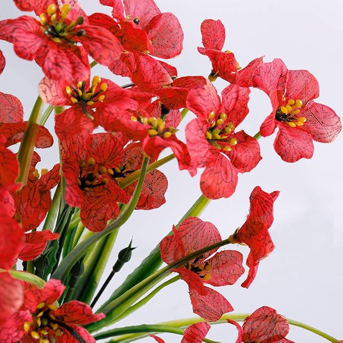 12 Bundles Artificial Flowers Outdoor UV Resistant Fake Flowers No Fade Faux Plants Garden Porch Window Box Decorating (Deep Red)