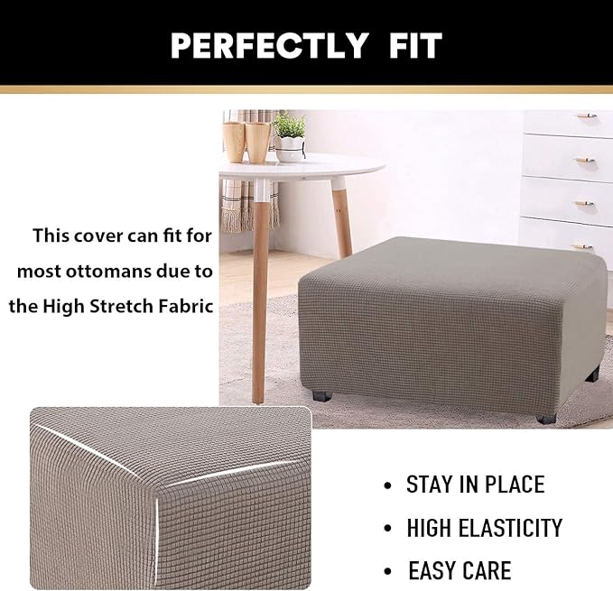 Stretch Ottoman Cover Ottoman Slipcovers Rectangle for Living Room Foot Stool Stretch Covers to Fit Ottoman Foot Rest, Thick Checked Jacquard Fabric with Elastic Bottom (Standard Size, Taupe)