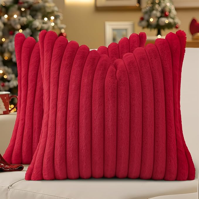 decorUhome Faux Fur Christmas Throw Pillow Covers 18x18 Set of 2, Decorative Soft Plush Striped Neutral Couch Euro Pillow Covers with Velvet Back for Sofa, Bed, Living Room Home Decor, Red