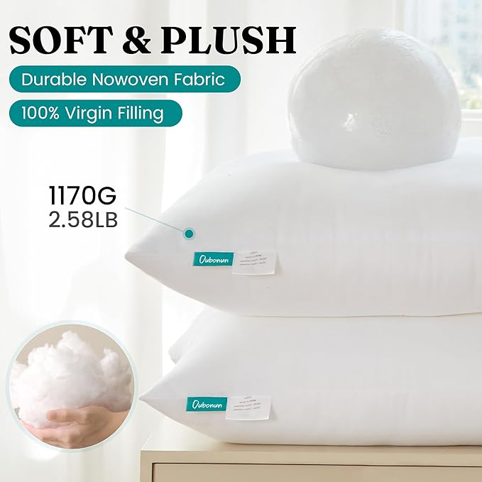 Oubonun 26 x 26 Throw Pillow Inserts - Soft, Plush & Decorative Down Alternative Pillows for Couch Sofa Bed, Machine Washable - White, Pack of 2
