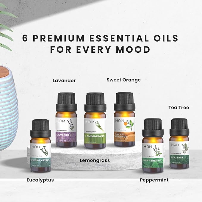 HOM Smart Aromatherapy Diffuser Set with 6 Essential Oils (10ml Each) - 400 ml Ultrasonic Essential Oil Diffuser with 7 Interchangeable LED Colors - Set Schedule and Customize Mood via Phone App
