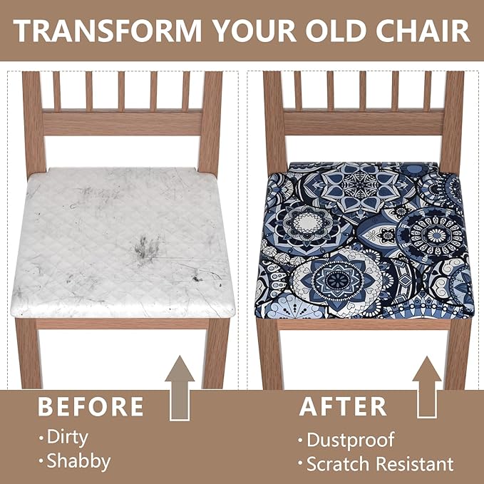 Stretch Dining Chair Seat Covers Set of 6,Dining Chair Slipcovers, Floral Printed Chair Covers,Soft Fabric Washable Upholstered Chair Seat Protector, No Rear Covers for Home Kitchen Dining Room
