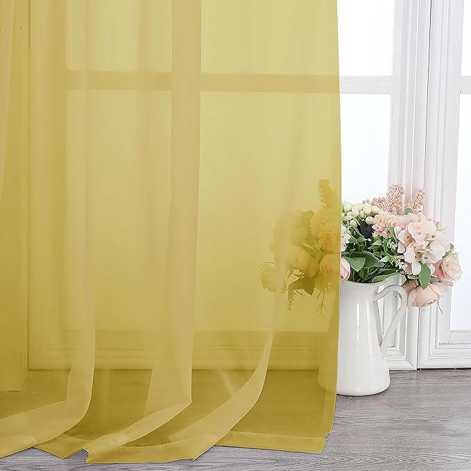 Lecloud Yellow Sheer Curtains 90 Inches Long 2 Panels, Gauzy Light Filtering Breathable Curtain, Solid Voile Home Decor Drapes with Dual Rod Pocket for Living Room Bedroom, Each 42" W x 90" L