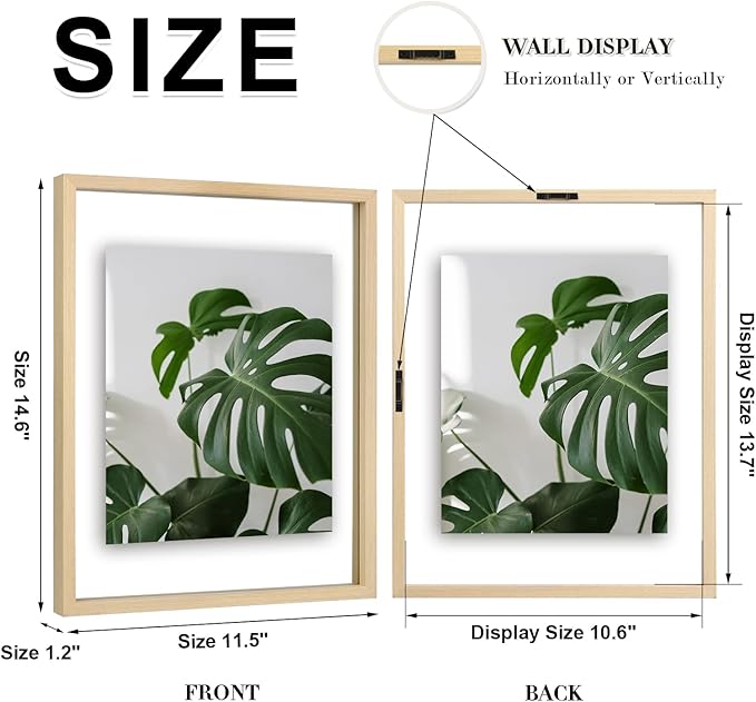Egofine 11x14 Floating Frames Set of 2, Double Plexiglass Picture Frame, Made of Solid Wood Display Any Size Photo up to 11x14, Wall Mount or Tabletop Standing, Natural Wood