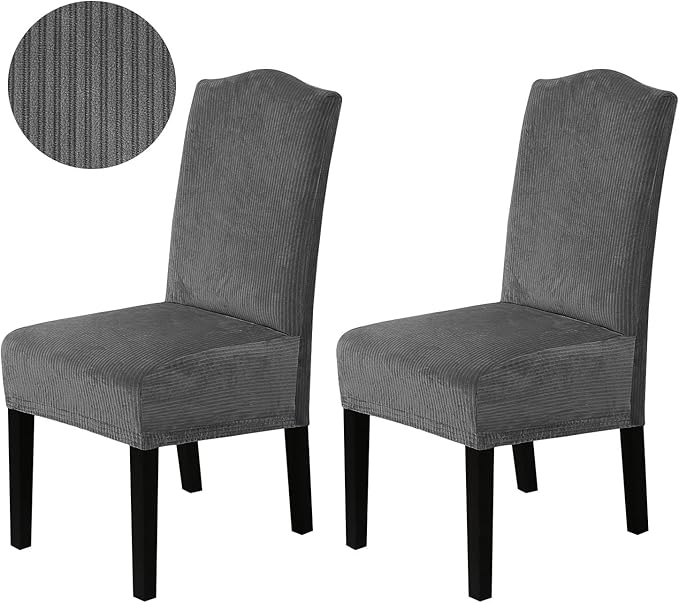 H.VERSAILTEX Velvet Dining Chair Covers Stretch Chair Covers for Dining Room Set of 2 Parson Chair Slipcovers Chair Protectors Covers Dining, Soft Thick Solid Velvet Fabric Washable, Grey Striped