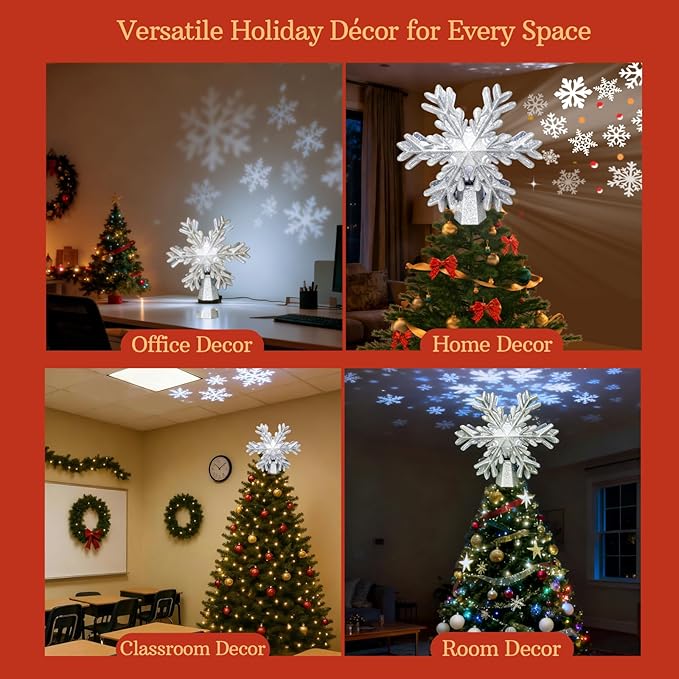 Christmas Tree Topper Lighted - Glitter Christmas Snowflake Tree Topper with Built-in LED Rotating Projector - Dynamic Snowflake Projection for Christmas Decorations（Sliver）