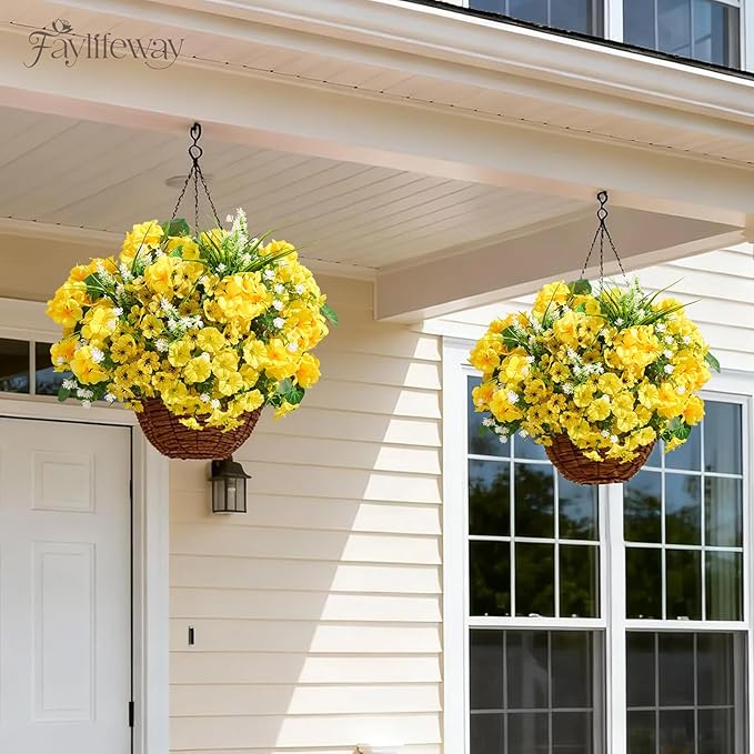 16 Bundles Artificial Flowers for Outdoors, UV Resistant Silk Faux Flowers for Outside Planters,Garden,Porch,Yard,Home Decor(Yellow)