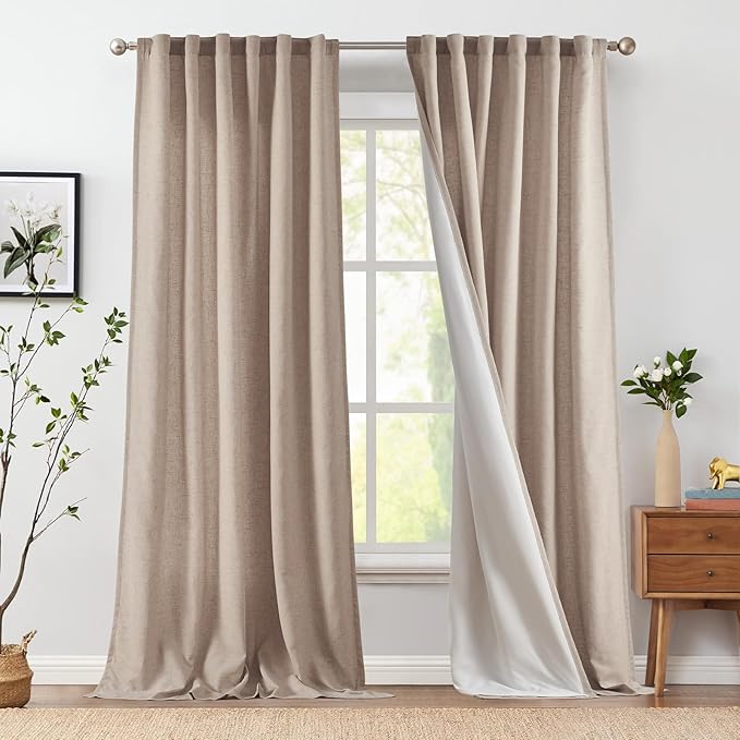 jinchan Taupe Lined Linen Blend Curtain for Sliding Door 96 Inch Length 1 Panel for Living Room, 100 Inch Extra Wide Drape with Rod Pocket Back Tab(100W x 96L, Taupe)