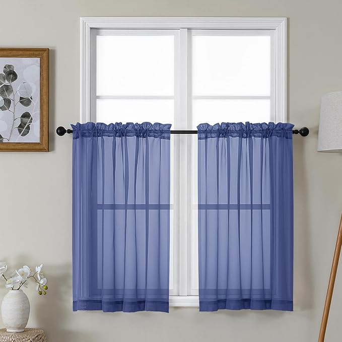 Gwine Royal Blue Sheer Kitchen Curtains 36 Inch Length, Light Filtering Voile Soft Airy Small Cafe Curtains, Short Window Curtain for Bathroom Basement, 42x36 inch, 2PCS