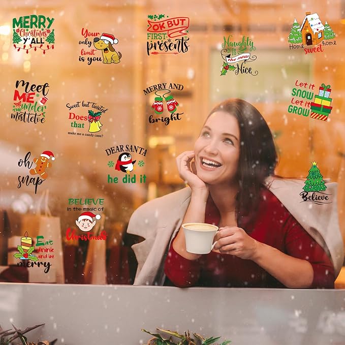 Fainne 100 Pcs Christmas Word Stickers for Crafts Christmas Vinyl Inspirational Stickers Waterproof Xmas Decals for Ornament Ball Wooden Cup Glass Water Bottle Decoration, 50 Style(Elk)