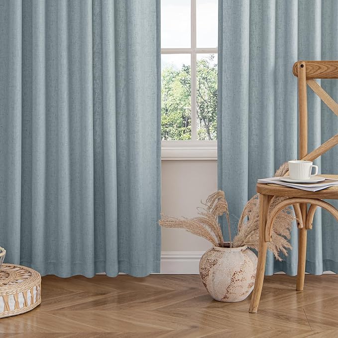 MIULEE Non-See-Through Privacy Linen Curtains 2 Panels, Light Filtering Window Curtains Farnhouse Textured Back Tab Semi Sheer Drapes for Bedroom Living Room, 52 x 63 Inches Long, Stone Blue
