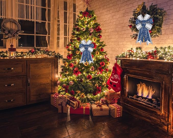 ABTOLS 2PCS Christmas Wreath Bows, Sliver Glitter Bows for Wreath Xmas Dot Decor Bow for Front Door Blue Tree Topper Bows for Winter New Year Wall Ornaments Home Indoor Outdoor Decor