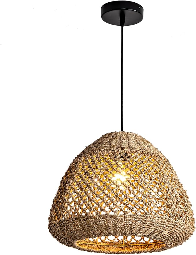 Rattan Pendant Light,15" Rustic Hand-Woven Boho Wicker Hanging Light Water Plants Rattan Chandelier for Kitchen Farmhouse Dining Living Bedroom Gazebo