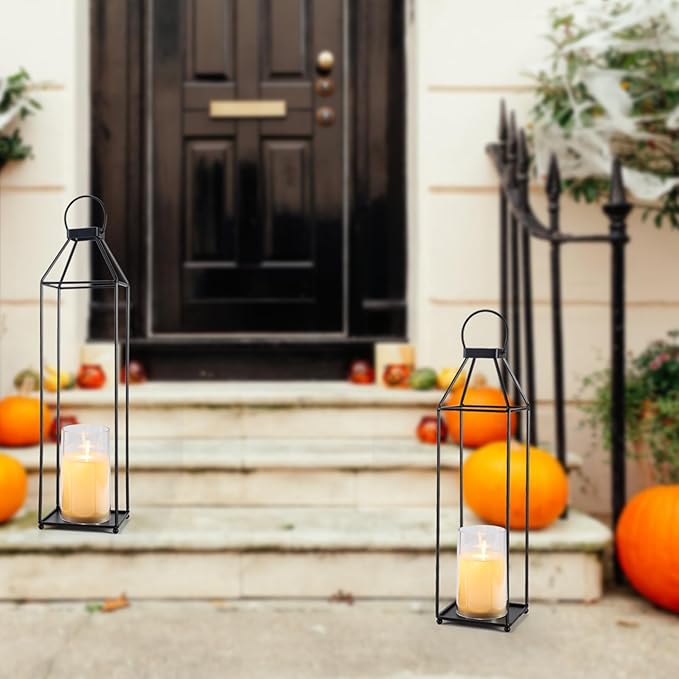 Outdoor Lantern Decorative 21.5" 18.3" Candle Lantern Set of 2 Porch Lantern Decorative Front Porch Lantern Tall Floor Lanterns Decor Indoor Battery Powered Candle Lantern Decor for Indoor Outdoor