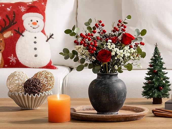 Ceramic Flower Vase, 6.7 Inch Rustic Farmhouse Decorative Vase Pottery Pampas Grass Vases for Home Decor Table Living Room Entryway Mantel Bookshelf Bedroom Bathroom Kitchen - Black