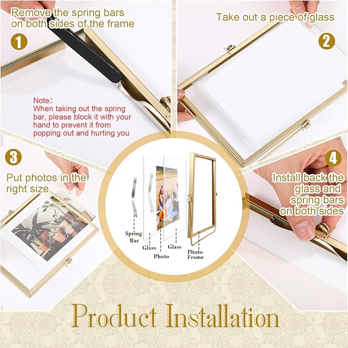 Amyhill Set of 6 Metal Picture Frames Vintage Minimal Ornate Floating Frames 4 x 6 Inches Photo Antique Easel Stand Vertical Glass Holder for Pictures Photos Desk Tabletop Display (Gold)