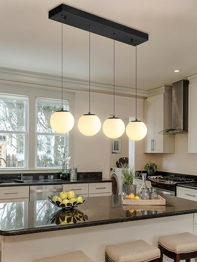 Dining Room Light Fixture 4-Light Black Kitchen Island Lighting Globe Glass Chandeliers for Dining Room Over Table Pendant Light Fixture for Living Room Hallway Bedroom