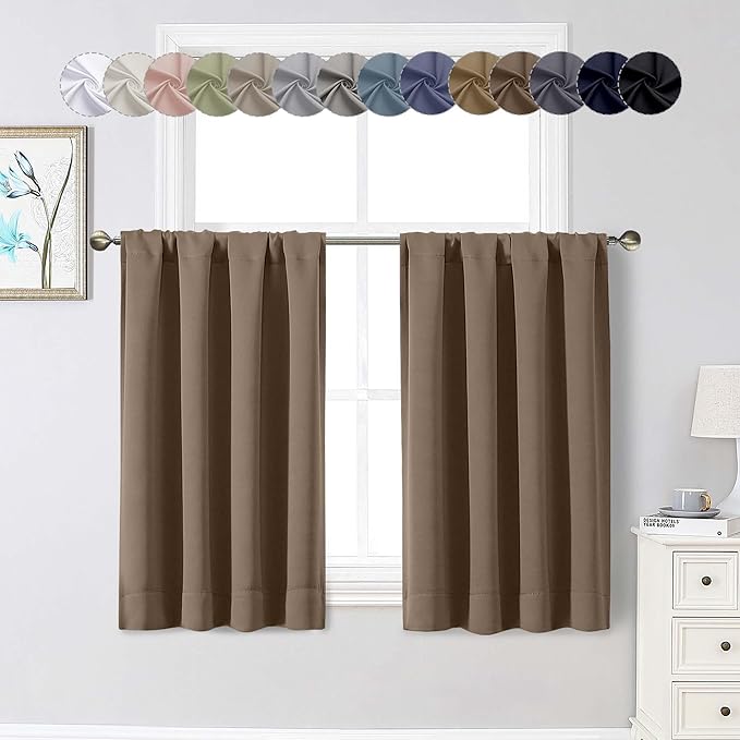 Brown Cafe Blackout Curtains 36 Inch Length 2 Panels Set, Soft Solid Thermal Insulated Room Darkening Small Window Curtains for Kitchen Bathroom Basement, Brown, Each, 40" Wx36 L