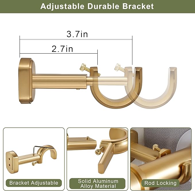 1 1/8 Inch Diameter Curtain Rods 36 to 72 Inches(3-6ft), Telescoping Heavy Duty Large Drapery Rod with Adjustable Aluminum Alloy Bracket, Solid End Caps for Windows Patio Decoration, Brushed Gold