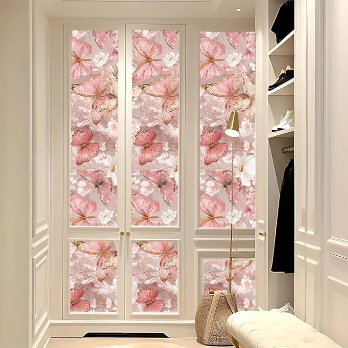 Removable Peel and Stick Wall Stickers 39.37x15.75 Inch Soft Pink Butterfly Floral Artwork Elegant Modern Botanical for Bedroom Nursery Living Room Decor