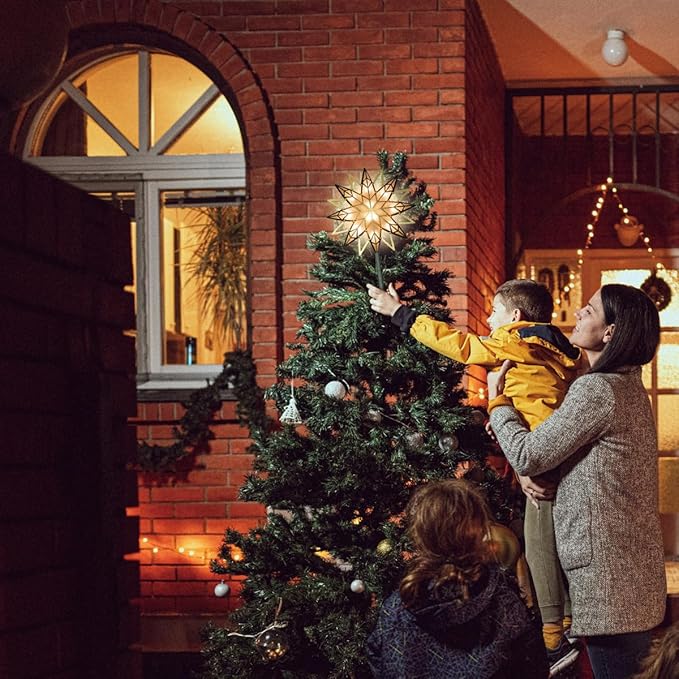 LAMPHOME 12" 10L Christmas Snowflake Tree Topper (Gold), Christmas Star Tree Light, Warm White