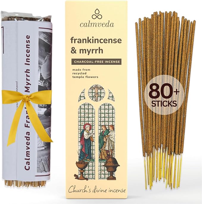 Church Frankincense and Myrrh Incense - 80 Sticks, Charcoal Free, Handmade from Upcycled Flowers, Spiritual Healing Incense