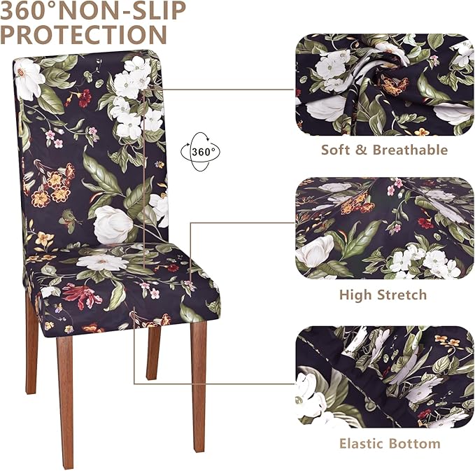 Stretch Dining Chair Covers Set of 6,Floral Print Chair Covers,Soft Removable Washable,Pet Friendly Furniture Protector,Universal Chair Slipcovers for Home, Kitchen,Ceremony Dining Room Seat