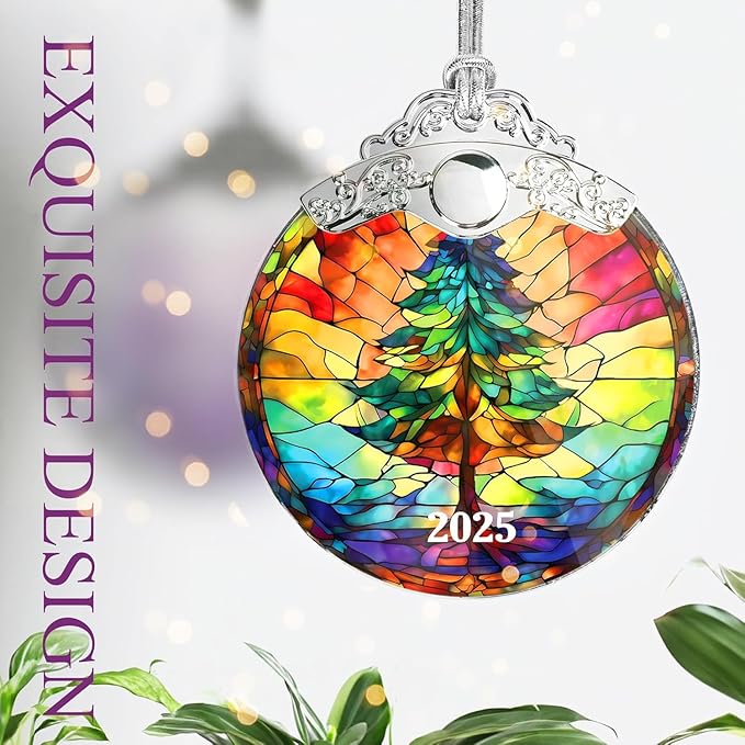 2025 Christmas Ornament, Radiant Tree Stained Glass Ornament, Colorful Acrylic Christmas Tree Decoration, Unique 2025 Christmas Tree Ornament, Xmas Gift for Family and Friends