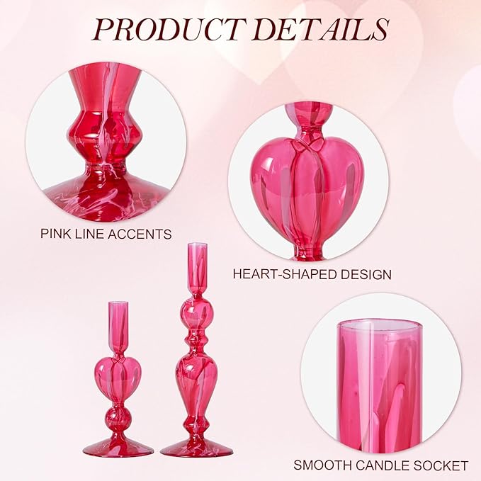 DN DECONATION Pink Glass Candle Holders Set of 2 – Heart Taper Candle Holders for Valentine's Day, Candlestick Holder Wedding Decorations, Farmhouse Home Coffee Table Decor & Housewarming Gifts