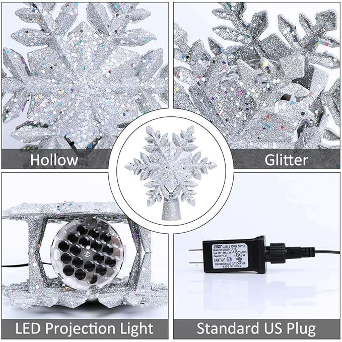ME JO Christmas Tree Topper | Christmas Tree Decoration Hollow Glitter Snowflake with 3D Rotating LED | with 6 Projection Plug in Star Christmas Tree Projector for Indoor Office Xmas New Year