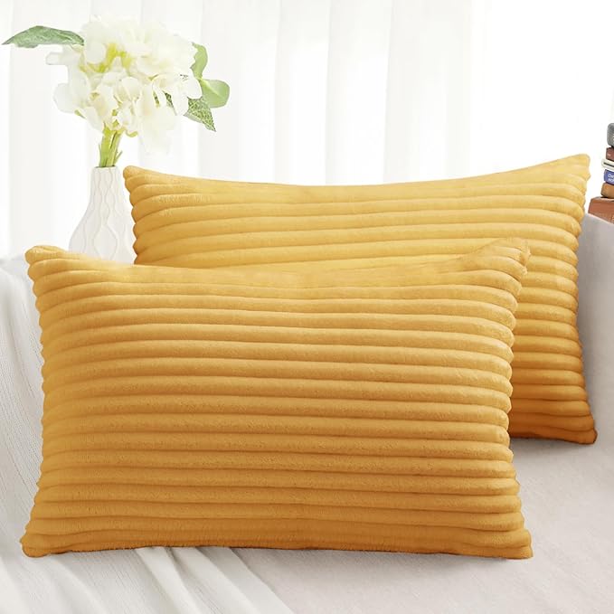 Simmore Decorative Christmas Throw Pillow Covers 12x20 Set of 2, Soft Natural Plush Flannel Double-Sided Fluffy Lumbar Pillow Covers for Couch Sofa Living Room, Mustard Yellow