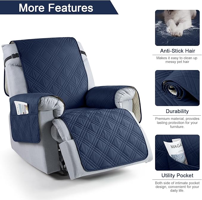 TAOCOCO 100% Waterproof Recliner Chair Cover, Small Recliner Covers for Recliner Chair with Pocket, Non Slip Reclining Chair Cover Furniture Protector for Kids, Pets(20'', Navy Blue)
