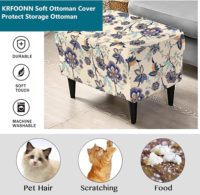 KRFOONN Stretch Ottoman Cover Slipcovers Rectangle Fit Length 27"-35" Footrest Stool Covers Printed Ottoman Cover for Foot Stool Furniture Protector with Non Slip Elastic Bottom, Color 26