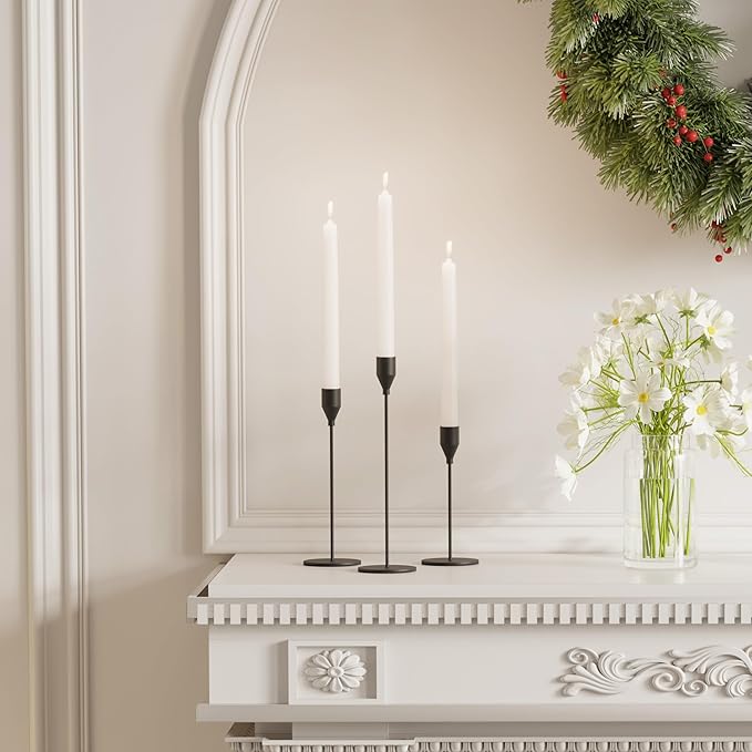 Matte Black Taper Candle Holders, Set of 3 Metal Candlestick Holders for Candle Sticks Holder Decor, Ideal for Mantle Table Centerpiece, Weddings, Dining, Housewarming Gift & Anniversaries