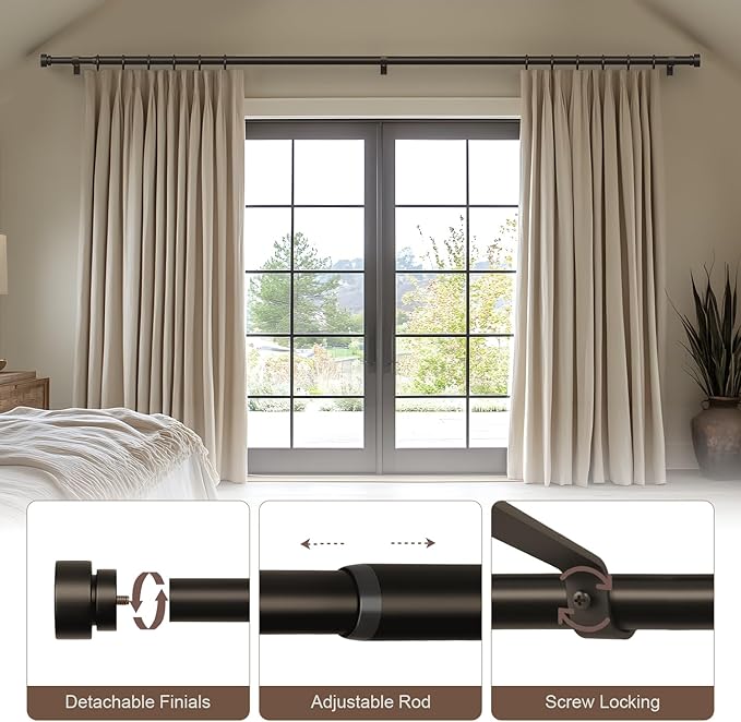 2 Pack Modern Brown Curtain Rods Set for Windows 66 to 120 Inches Adjustable Length Heavy Duty 1" Diameter Window Curtain Rod with Decorative Finials for Outdoor Bedroom Kitchen Living Room