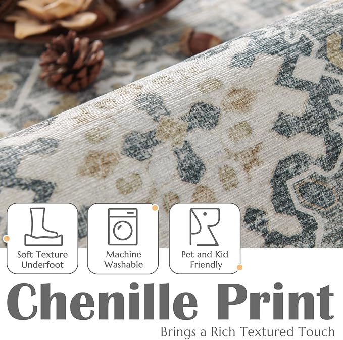 jinchan Area Rug 5x7 Washable Living Room Rug Vintage Distressed Gray Multi Floral Floor Cover Indoor Mat Retro Carpet Bedroom Kitchen Office Farmhouse Grey