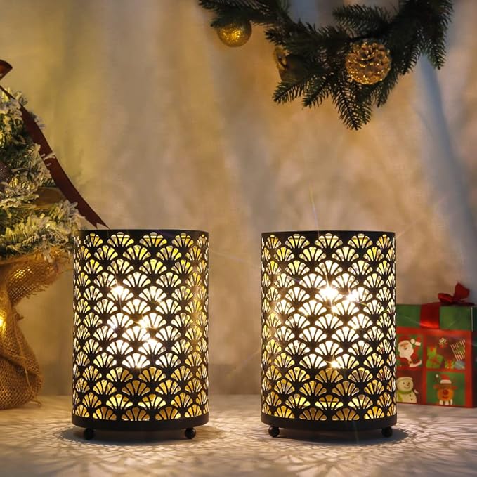 TRIROCKS Set of 6 Table Lamp 6.5'' Tall Metal Cordless Table Lamp Bronze Lanterns with Warm Fairy Lights Bulb for Patio Garden Wedding Parties Indoor Outdoor(Scalloped Hollow Pattern)