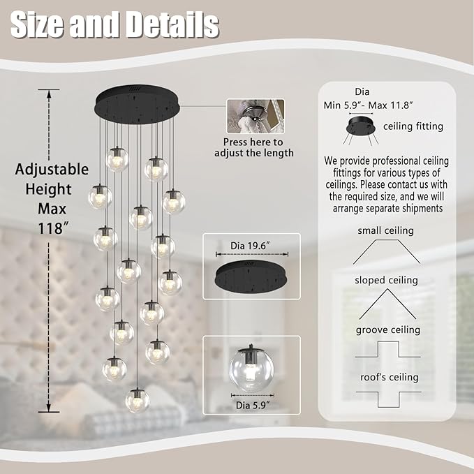15-Light Black Chandelier with Globe Glass Dimmable Ceiling Light Glass Pendant Light for Kitchen Island, Dining Room, Living Room, Entry Hallway, LED Bulbs Included