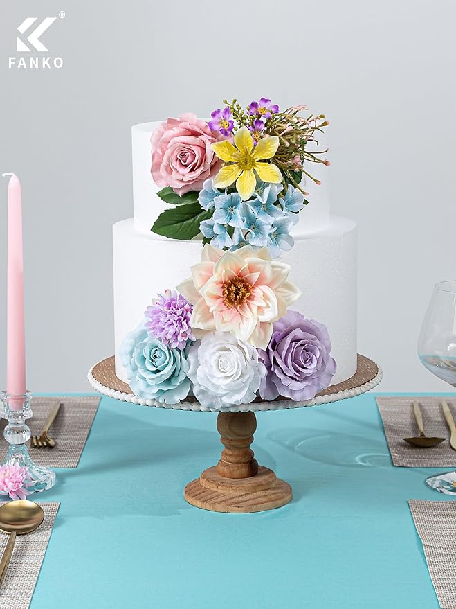 FANKO Artificial Flowers Mixed Fake Rose Combo, Pink Rose Light Blue & White Roses Blue Dahlia Assorted Blooms for DIY Wedding Bridal Bouquets/Centerpieces/Home Decor