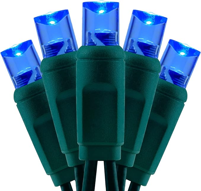 YULETIME Blue 5MM LED Christmas Lights, 33 ft 100 Count 4" Spacing One-Piece High Waterproof Wide Angle UL Certified String Light (Blue - Green Wire)