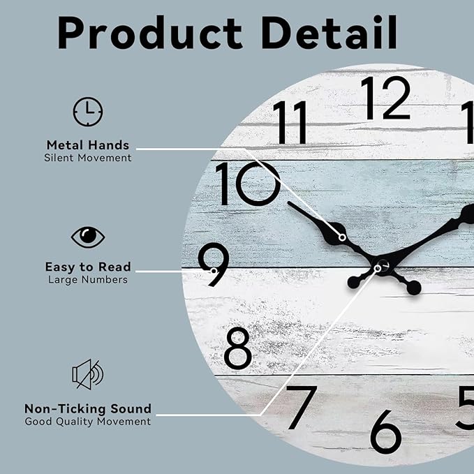 Wall Clock Silent Non-Ticking 14 Inch Battery Operated Country Large Retro Rustic and Beach Style Decorative for Living Room, Kitchen, Home,Bathroom, Office (Blue)