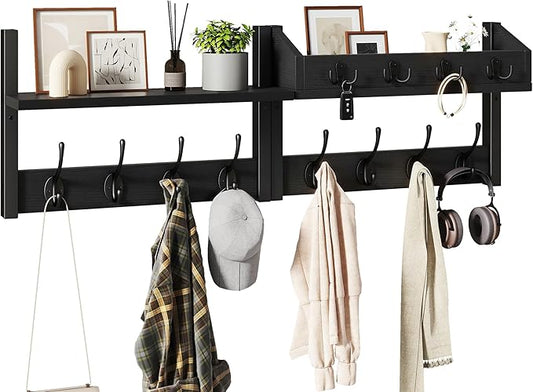YMYNY 31.5" Coat Rack Wall Mount with Shelf, 4 in 1 Key and Coat Hanger with 12 Metal Hooks, Wall Shelf with Hooks & Mail Holder for Living Room, Bedroom, Black, HWS007B-2