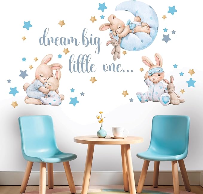 Blue Bunny Wall Decals, Baby Boy Room Rabbit Wall Decor, Animal Stickers for Kids Playroom, Toddler Bedroom and Nursery Decoration, Removable Vinyl Decals, Peel and Stick, Moon, Stars.