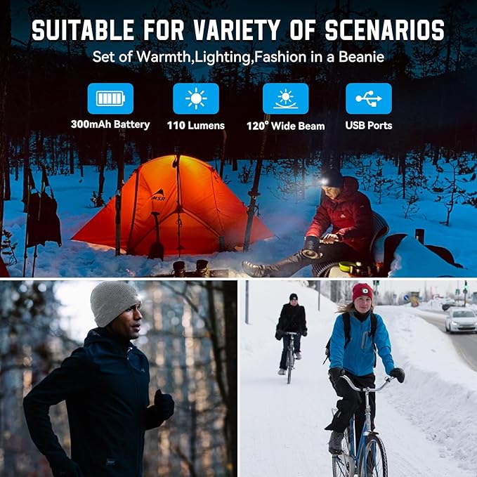 Christmas Stocking Stuffers for Men Adults, Beanie Hats with Light, USB Rechargeable LED Hand Free Headlamp, Birthday Gifts for Men, Women, and Teens, Ideal for Camping, Hiking, Grey