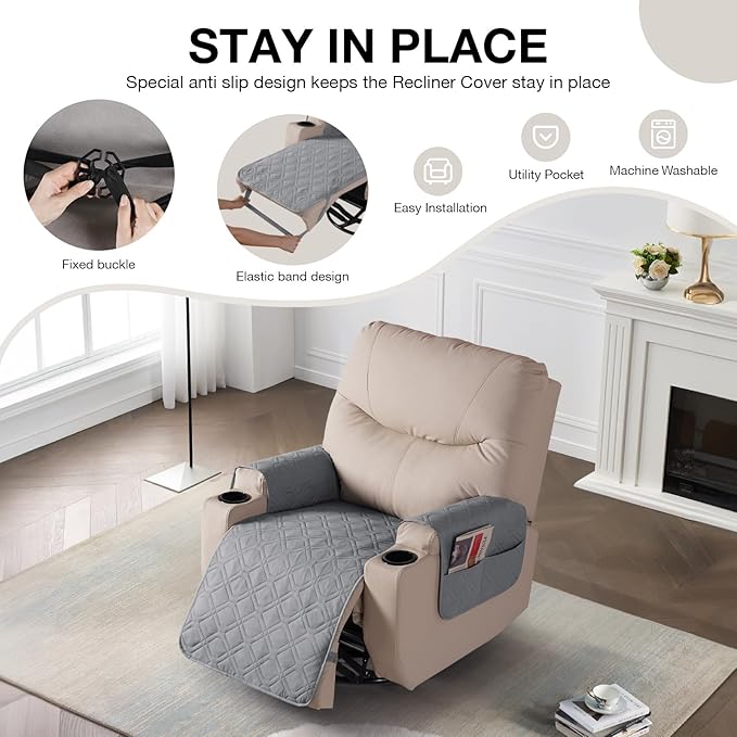 VANSOFY Recliner Chair Covers 100% Waterproof Seat Cover with Arm Reclining Cover Non-Slip Recliner Chair Covers Furniture Protector Washable Slipcover with Pocket for Pets, Dogs(Light Gray, 22")