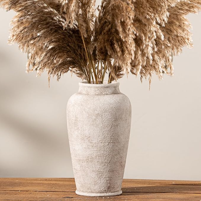 Ceramic Large Flower Vase, 11 Inch Tall White Rustic Vase Farmhouse Decorative Vase Floral Pottery Vases for Home Decor Table Living Room Entryway Mantel Bedroom Bathroom Kitchen - Rustic White