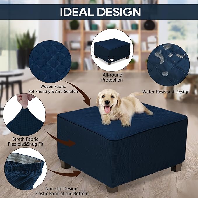 NeColorLife Ottoman Cover Square Waterproof Ottoman Slipcover Thick Storage Footrest Stool Covers Furniture Protector for Pets(Medium Size,Navy Blue)