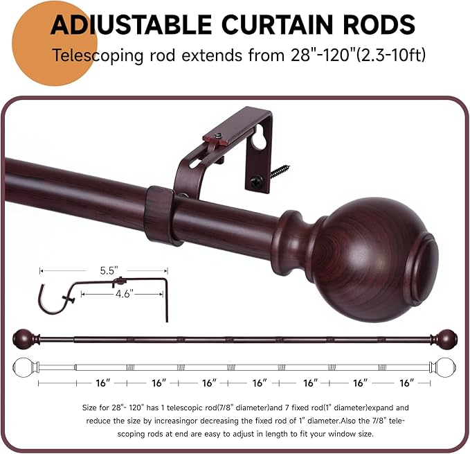 Red Wood Curtain Rods for Windows 66 to 120 Inches,1 inch Heavy Duty Window Curtain Rod with Imitation Wood Grain Finials,Decorative Drapery Rods Adjustable, 28"-120"(2.3-10ft)