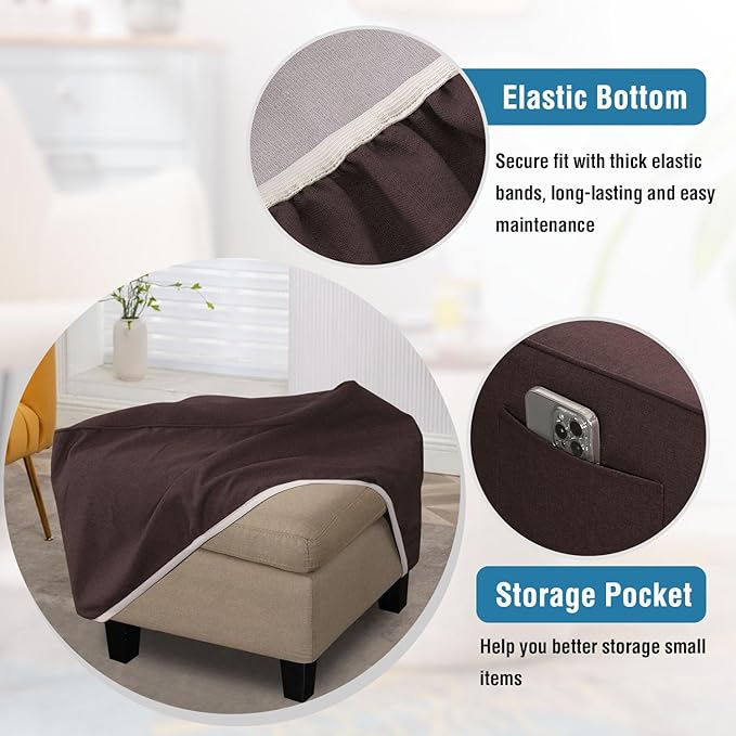 H.VERSAILTEX Thick Durable Linen Look Ottoman Cover Square Fit Length 36"-37" Footrest Folding Storage Stool Furniture Protector Soft Slipcover for Living Room with Elastic Bottom - Heather Chocolate