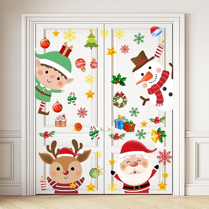 34.37 x 30.62 Inch Large Christmas Door Stickers Decor Removable Elk Santa Claus Reindeer Snowman Cute Penguin Bear Snowflake Decal for Window Door Refrigerator Home Bedroom Festival Party Decorations
